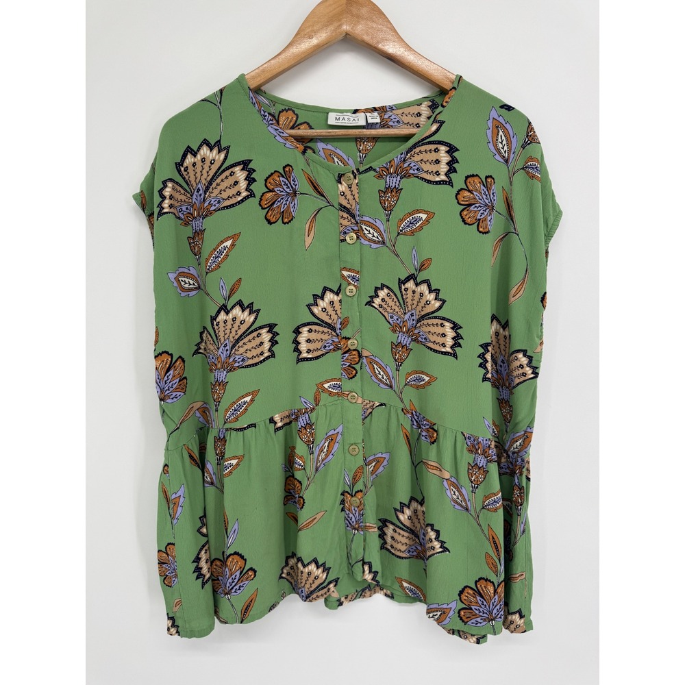 Masai Idali Shirt Women XL  Green Floral Butterfly Peplum Cottage Flowy Artsy